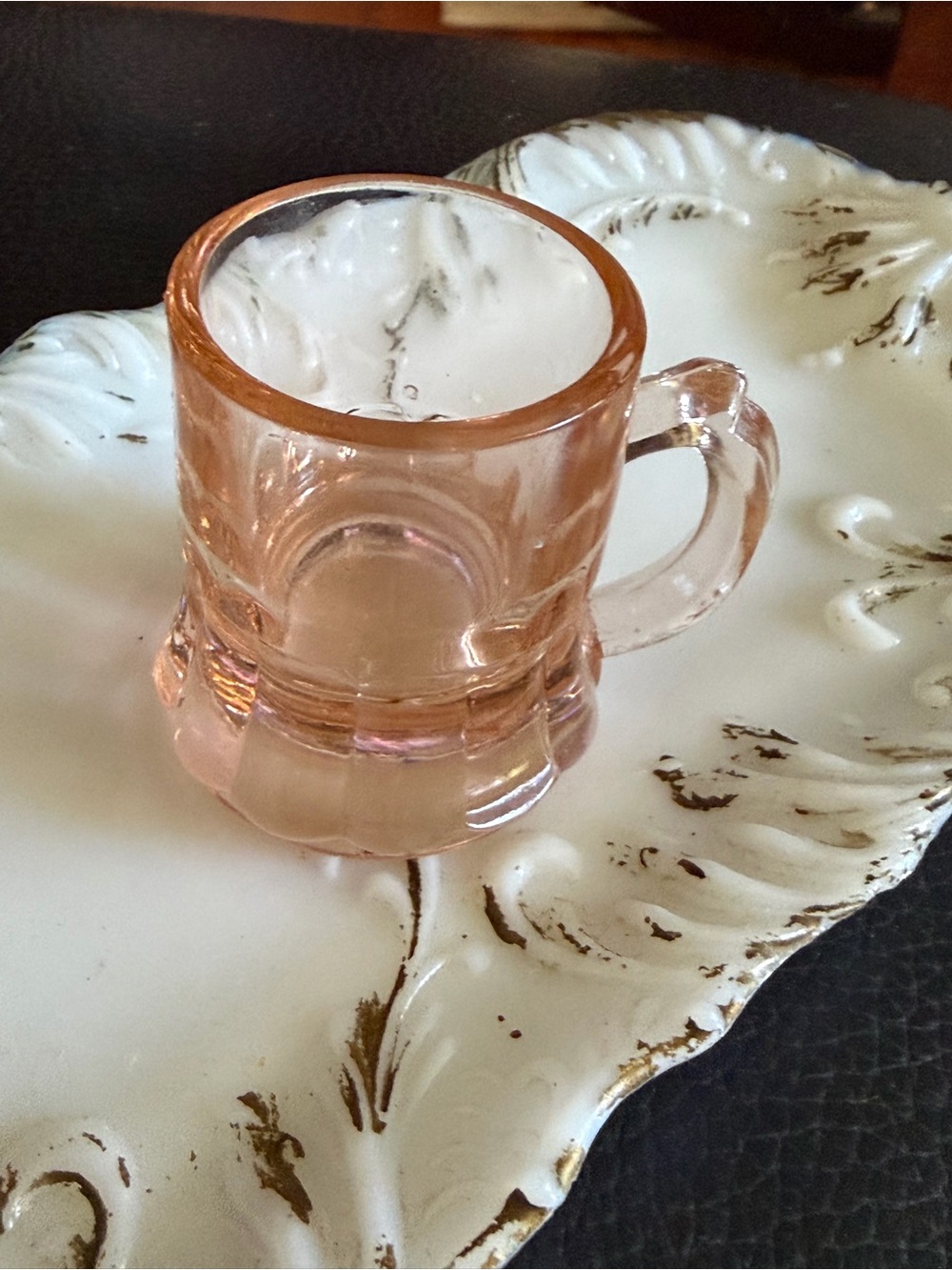 Vintage pink depression glass mini beer mug/shot glass Toothpick Holder 2"